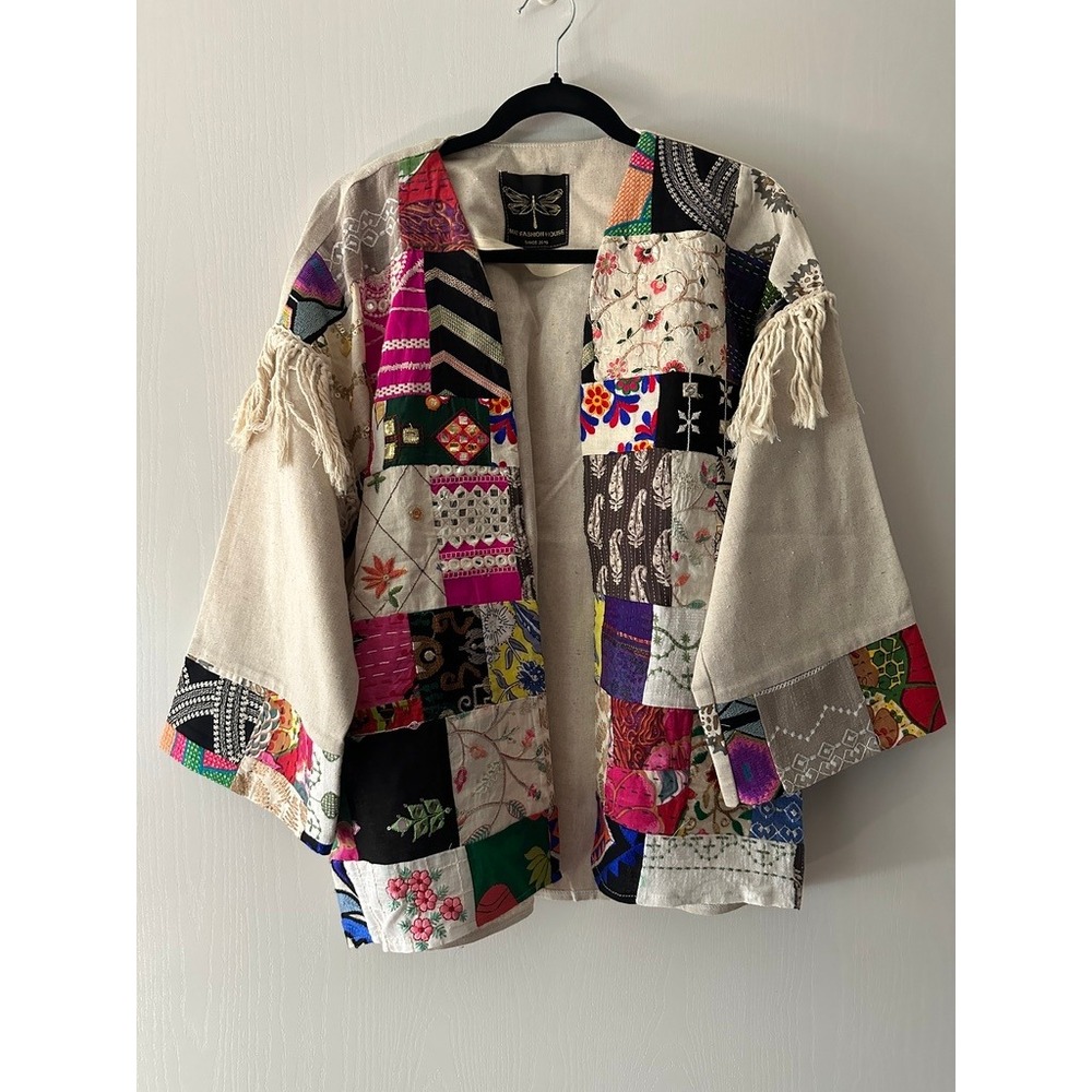 MAT Fashion House Patchwork Kimono Jacket Boho Kantha Stitch Fringe Open Front